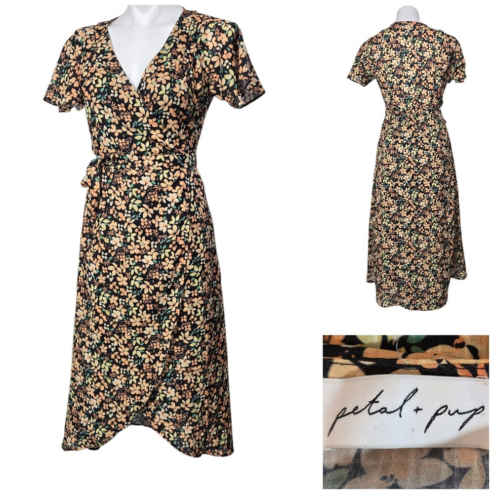 Petal + Pup Floral Wrap Midi Dress Black Orange Green V-Neck Short Sleeve US 8